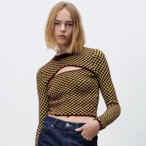 NWT ZARA Checkerboard Cut-Out Jacquard Top, S